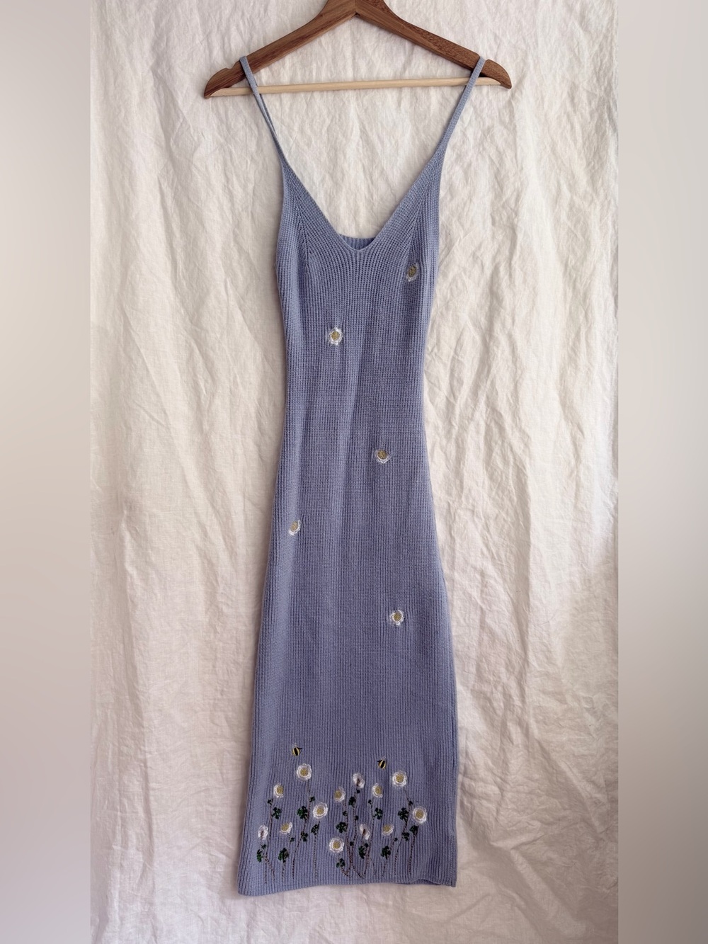 Cider Womens Knit Midi Dress Blue Floral Embroidered Cottagecore Retro Medium